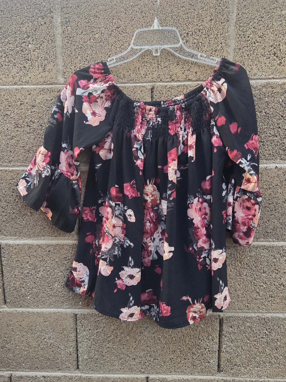 Floral Off-Shoulder Women’s Top - Black with Pink Floral